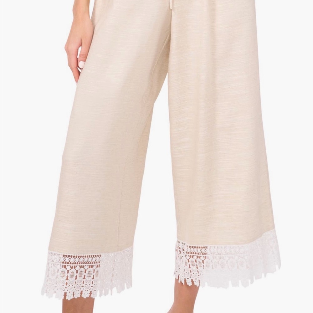 Beige Wide-Leg Pants with Lace Hem
